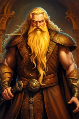 man big man in dark brown travelers cloth. he has long, unruly yellow hair and unruly yellow beard. show all of the head. anatomically correct hands. perfect hands. five fingers. fantasy setting. concept art, mid shot, intricately detailed, color depth, dramatic, 2/3 face angle, side light, colorful background. Style of Frank Frazetta