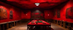 An orangish red Oni themed hibachi restaurant in the lava caverns painted by Mark Rothko