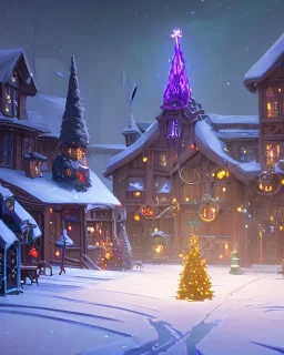 A magical snowy warlock town with a Christmas tree