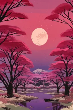 a land scape of Japanese garden, big red moon, red light, black sky, starlight night , surrounded by cherry blossom trees, cel shading