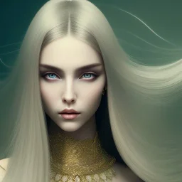 mystic woman with Châtain long hair, dark fantasy setting, ethereal, soft lighting, soft green-brown eyes, soft facial features