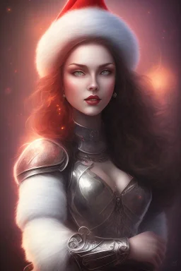 portrait lady warrior with black long hairs very big bobs and Christmas hat roses