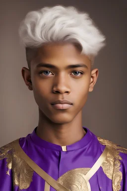 A sixteen-year-old boy, mulatto, white straight hair and blue eyes, dressed in a purple and gold tunic.