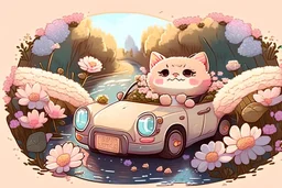a cute proud chibi fluffy beige cat driving a car made of flower buds: roses, forget-me-nots, hydrangeaes on a cobblestone road in a forest next to a pond in sunshine