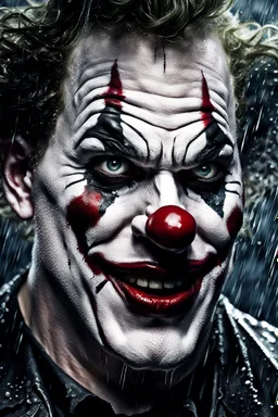 ultra detailed and highly realistic image of a gothic, scary clown, close up of him standing in the rain, the rain messed up his face makeup as it smudged of his face, chaotic, dramatic upclose view, 32k, splatter paint style