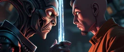 family photo, Close-up confrontation throat grip, between an ancient alien outcast leader synth and a space broker, standing only a meter apart, intense eye contact, glowing crystalline rod between them, anger mixed with sadness, dramatic facial expressions, shallow depth of field, cinematic lighting, stylized 3D anime, airbrush painting, crisp outlines, escher , rembrandt and hr giger