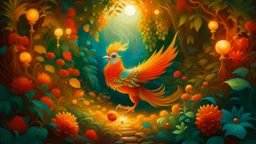 Slavic mythology fantasy illustration for bedtime story: enchanting garden with lush greenery and a beautiful stone winding path, with small tiny lanterns in the trees. Depict only one creature the Firebird. The feathers of the Firebird are vibrant red, orange, and gold, each one glowing with an otherworldly brilliance.