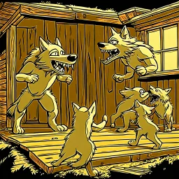 A group of anthropomorphic wolves react in surprise as a large hammer slams into an wooden house wall. one young anthropomorphic wolf's figure in bodyhair positioned in the foreground with empty paws, in the background, other anthropomorphic wolves watch the scene unfold with expressions of shock and with surprise faces. high realistic, detailed, sci-fi, digital art, dark fantasy mood, rain, deep colors, sharp lines, cinematic