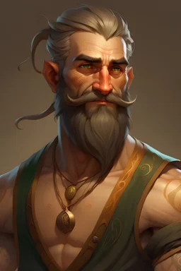 Generate character art for the affable wood elf bard, embodying the charm of a handsome, middle-aged dad. Picture him with a slightly heavier set physique, reflecting a joyful and contented life. Emphasize his rugged handsomeness with a well-groomed beard that adds a touch of maturity to his appearance. Make him shirtless to reflect his wild party going lifestyle
