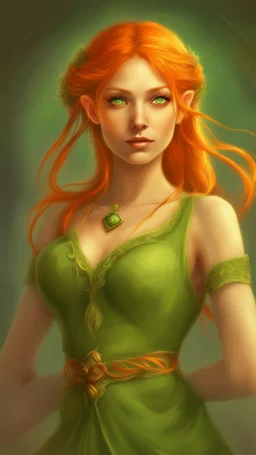 Hot Elf with orange hair and glowing green eyes She wears a light green dress