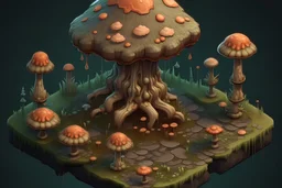 Could you create an isometric view showcasing the Doomshroom fungal spore creature? It's a fascinating entity, resembling a fungus-like head, spreading across the floor in a 1m x 1m square. Capture its eerie presence and intricate details as it thrives in its environment