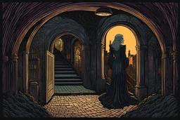 museum quality color woodcut of a sewer dwelling Nosferatu scholarly female vampire with highly detailed hair and facial features , in the style of Gustave Baumann, with a fine art , graphic novel aesthetic, highly detailed, finely cut ,8k render,