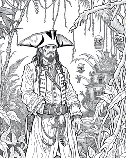 Pirates of the Caribbean: Jack Sparrow's Jungle Adventure Coloring Page: Design an adventurous coloring page inspired by the Pirates of the Caribbean movie, featuring Jack Sparrow navigating a dense jungle on a quest. Remove black color backgrounds and lines as much as possible, allowing kids to focus on coloring towering trees, wild animals, and hidden paths. This black-and-white canvas invites young artists to bring the excitement of Jack Sparrow's jungle exploration to life in their imaginati