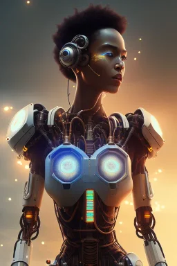 portrait,beautiful brown hair african robot, post-apocalyptic in a cyberpunk city, realistic, intriacte detail, sci-fi fantasy style, volumetric lighting, particales,highly detailed,cinamatic, deep colours,8k