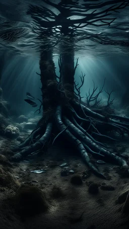 An aunderwater , black vein, human veins, mixing together a lot of them, like a forest, big and small veins a lot of them, an airplane sinking underwater