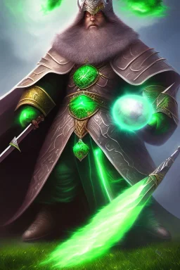 Powerful wizard using green magic, wearing dark cloak, fighting big stone monster, fighting with magic, epic battle