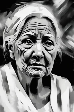 A surreal digital painting of an old woman's face abstract black and white brushstrokes and pixelated glitches. Her eyes looking up , looks sad as if lost in a dream or transcending reality. The background is minimalist, emphasizing the contrast . High-detail, high-resolution, monochrome with soft lighting and dramatic contrast.