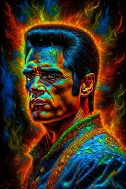 fire, lightning, wind, rain, volcanic lava, fireworks, explosions, multicolored neon lights, Elvis Presley in the art style of Leonardo De Vinci, oil paint on canvas, 32k UHD, hyper realistic, photorealistic, realistic, life-like, extremely detailed, extremely colorful, sharp beautiful professional quality,