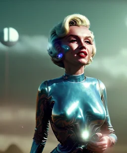 Ultra Realistic retro sci-fi 1960 scene, waist up view portrait, blonde woman, sweet young Marilyn Monroe face, perfect iris, tight latex coat, alien planet background, tight style, steel sphere dron levitating, fog, rain, soft color, highly detailed, unreal engine 5, ray tracing, RTX, lumen lighting, ultra detail, volumetric lighting, 3d, finely drawn, high definition, high resolution.