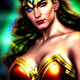 ultra detailed portrait of busty beautiful Wonderwoman , wearing a bikini plate armor, extremely detailed digital painting, extremely detailed face,crystal clear green eyes, in the style of robert e howard and pablo oliveira and Ken Kelley and Gustav Klimt ,mystical colors,perfectly centered image, perfect composition, rim light, beautiful lighting,8k, stunning scene, raytracing