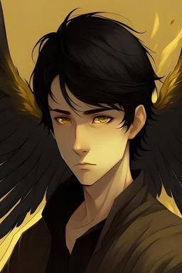 Make me an illustration of a 15-year-old boy who has black hair, black wings, yellow eyes and has a moody face.