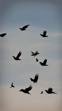 There are many birds in the sky, carrying stones in their feet and beaks