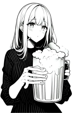 girl drinking a beer, line arts, greyscale