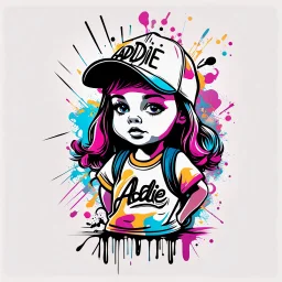 Vector t shirt art ready to print abstract color graffiti illustration of a little girl and a basecap with text "addie" On cap, white background.