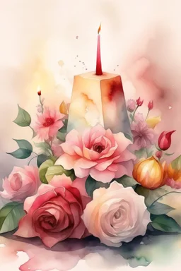 MAGIC A PYRAMID CANDLE IS BURNING AROUND WONDERFUL FLOWERS English watercolor, Smoky cream, pale gray, pale pink, pink background. bright light, a bouquet of roses on the table are pale pink, pale bordeaux, white, ochre. green stems, the light is translucent. Watercolor, fine ink drawing,