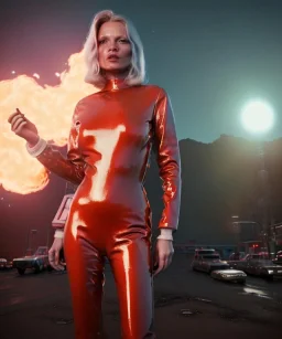 retro sci-fi portrait image from 1980, supermarket parking explosions, fire, scared people, blonde woman walking, sweet Kate moss face, tight latex suit, soft color, highly detailed, unreal engine 5, ray tracing, RTX, lumen lighting, ultra detail, volumetric lighting, 3d, finely drawn, high definition, high resolution.