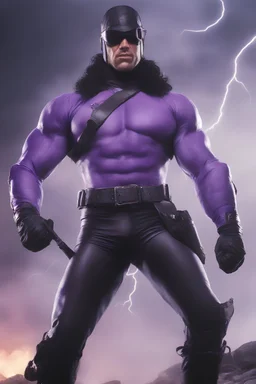 Kent Walker aka THE PHANTOM, Strong, athletic physique, Flexing poses, skin-tight, formfitting purple nylon-leather bodysuit, skin-tight, formfitting purple cowl, black utility belt, double holstered pistol belt, black knee-high boots, glowing white eyes, battle scars, blood, ((foggy, cloudy background, multicolored lightning, flowing lava, Full Eclipse, aliens, explosions, bright, vibrant, extremely colorful, detailed, blood red skies))