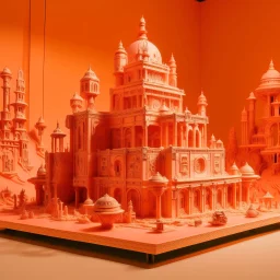 A light rosy orange colored desert with a mechanical palace painted by Andy Warhol