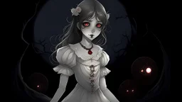 comix style, In the pallid moonlight, a peculiar girl appears - a vampire, her skin a haunting shade of spectral grey, as if she herself were wrought from the lonely heart of a forsaken moon. Cruel rubies are set into her eyes, glowing with ominous liveliness against her lifeless pallor. Blood, a sinister accompaniment to her form, the colour of garnet, seems to drip off her like a macabre jewel, casting a chilling aura of dangerous enchantment about her.
