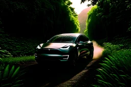 A Tesla's 'Model Y' is racing at top speed, across the 'Jurassic Park' jungle. CINEMATIC. WIDE ANGLE LENS. PHOTO REAL.