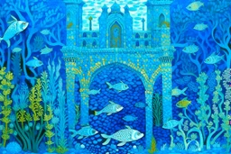 A blue underwater kingdom with fish and merfolk designed in ancient Roman mosaics painted by Alfred Sisley