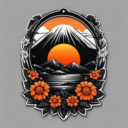 White background, stratovolcanoes eruption emblem logo stilish minimalism, graphic, black, gray and bright neon orange, sunset, birds, flowers, nature ornament, by alex1shved, graphic tshirt vector, contour, white border background