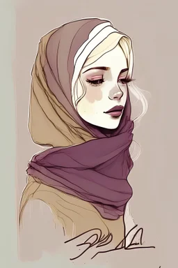 A simple drawing, a girl, blonde, wearing a hijab, signed with the name Bella, wine colours