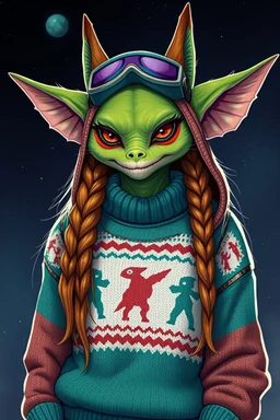 fox gremlin alien woman air captain wearing a pooyan game sweater