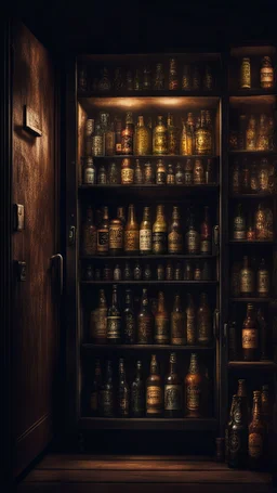 Si-Fi, The permanent under atmospheric lighting effects, a whole shelves of an open door home refrigerator filled with beer bottles , intricate historical moody atmosphere, eerie grimdark ambiance, complex motherboard accents, speculative fiction art. Bokeh