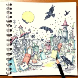 rich color pencil hand doodle sketch on a spiral binded notebook page, chaotic psychedelic cemetery scene with wacky skeletons and crows in the style of Kenny Sharfe and Seven Harrington, maximalism