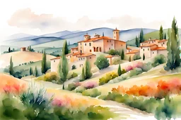 watercolor ,landscape, many colors, detailed, colorize, white background a hills, Tuscan villa on rolling hills, surrounded by green cypress trees and blooming fields. Infuse the scene with sunlight, conveying a cozy and tranquil atmosphere. a white background 9:11