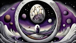 inner world ,a nonbinary human figure crouched in the middle of a multi-layered thick egg, the outer material of the egg is cracked, , weird whimsical landscape, dark purple, gray, black, white, brown. Whimsical style of Chagall , of Minjae Lee and Anton Semenov, lonely with absurd beauty. broken, weird bizarre absurd nightmare, neuron network background, surreal vibe