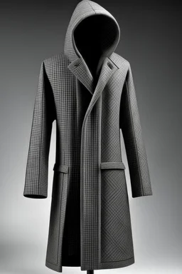 Man's girdle grey long wool coat with embossed black squares and a hood