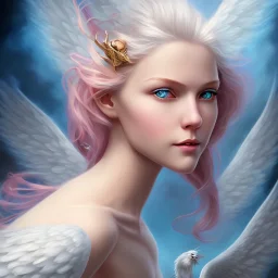 ange du nord en vol, visage souriant, grands yeux bleus , cheveux long blond, bleu et rose
