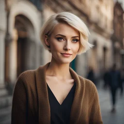 beautiful young woman with short blond hair, in a fashionable cardigan, against the background of the street, stylish photo