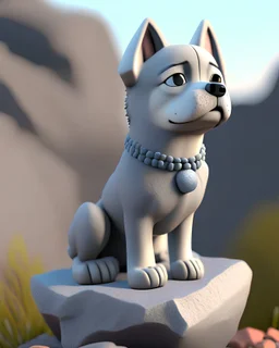 grey dog inu, on a rock, full body, IP, Blender, pop mart, Pixar, Disney, high detailed face, ultra high definition, Bright color, pastel color, clay figure, blind box, best quality