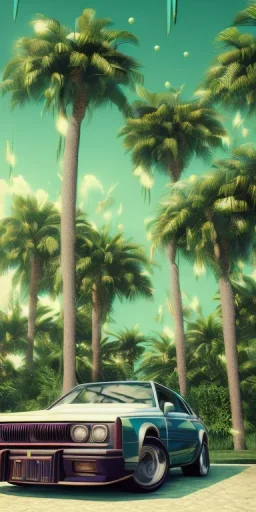 1980's aesthetic vaporwave palm trees with spheres and car