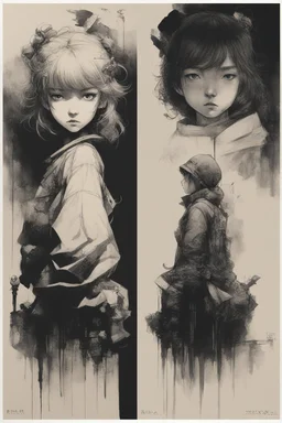 poster in two gradually, one girl illustration by <Yoji Shinkawa> and one girl illustration by <John Kenn Mortensen>,