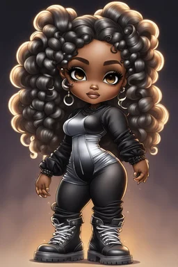 create an airbrush illustration of a chibi cartoon voluptuous black female wearing a black and silver outfit with timberland boots. Prominent make up with hazel eyes. Extremely highly detailed of a long wavy ombre bantu knots. Background of a bike show