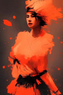 Beautiful brash Amazon minimalist bokeh medium shot full body portrait painting by Anders Zorn by Toraji by Tsuguhanu shin hanga backlit dynamic lighting hyperdetailed intricately detailed Splash art trending on Artstation complimentary colors Unreal Engine 5 volumetric lighting Jordan Grimmer orange and black